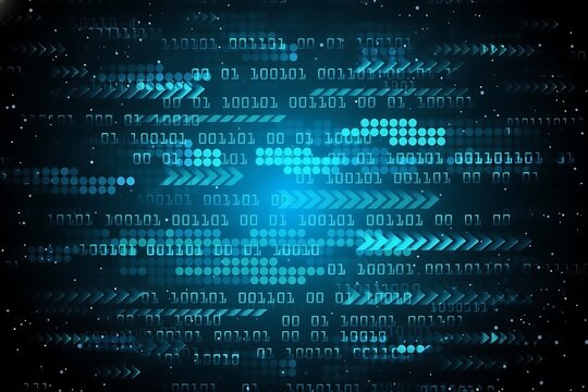 A dynamic blue digital background featuring binary code, pixel patterns, and abstract arrows, representing data flow