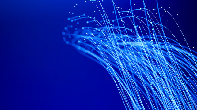 Neural 3D light threads rising through a deep blue network
