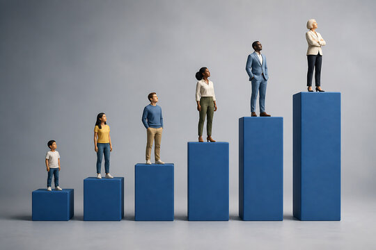 A group of diverse people of various ages are standing on blue pedestals against a plain gray background.