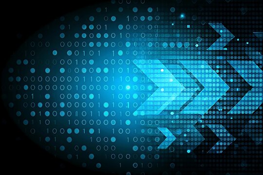A dynamic blue digital background featuring binary code, pixel patterns, and abstract arrows, representing data flow