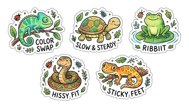 Cute Cartoon Reptile Stickers: A collection of charming cartoon stickers featuring a chameleon, turtle, frog, snake, and lizard, each with a playful quote.