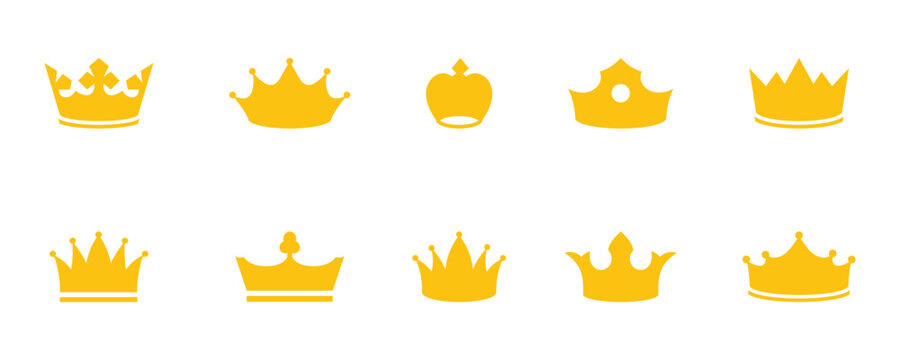 Simple crown icon used to show VIP features, premium memberships and winning ranking. Flat style king, queen royal crown. Yellow crown design elements on white background.