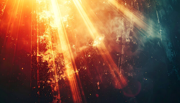 dramatic sun rays piercing through smoke with golden light flares and particles, abstract cinematic background texture