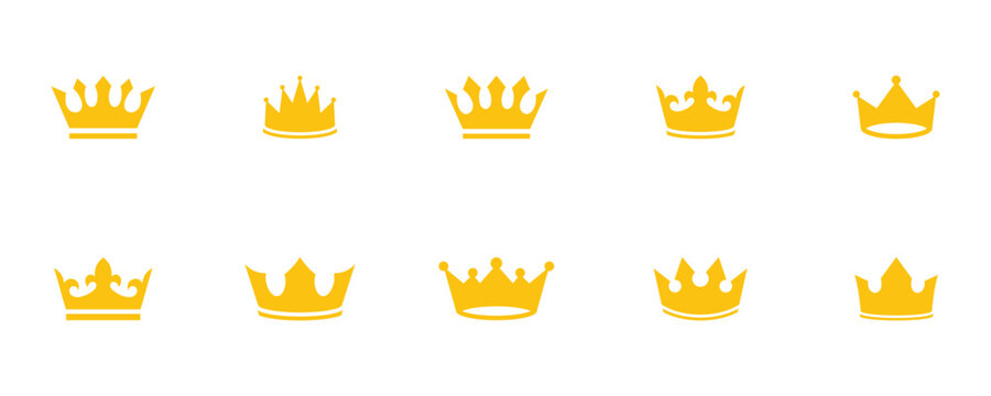 Simple crown icon used to show VIP features, premium memberships and winning ranking. Flat style king, queen royal crown. Yellow crown design elements on white background.