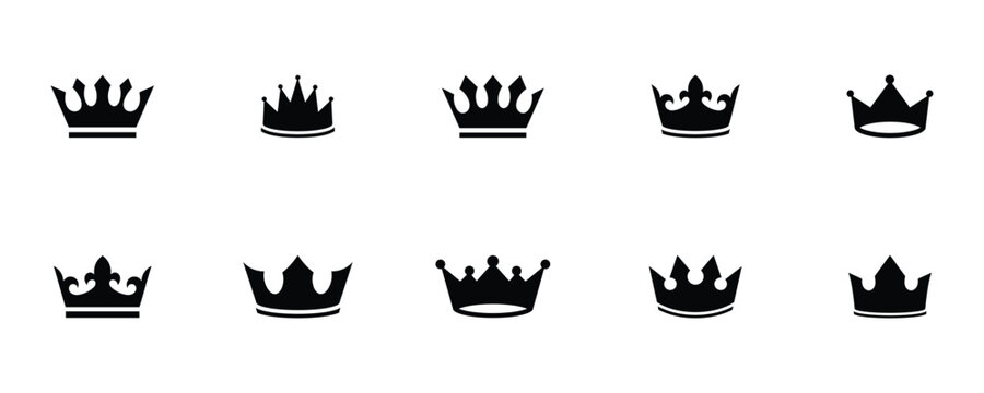  Decorative crown design in flat style. Black and white crown icon set used to represent power, success, authority, and high value. Vector crown sign collection.