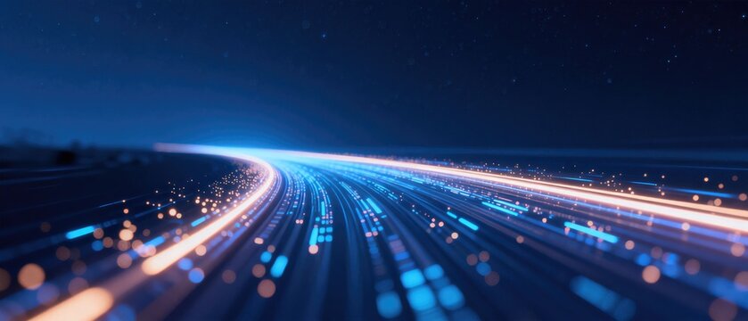 Futuristic data speed concept with glowing digital light trails, high bandwidth network communication and fast information transfer technology background with copy space