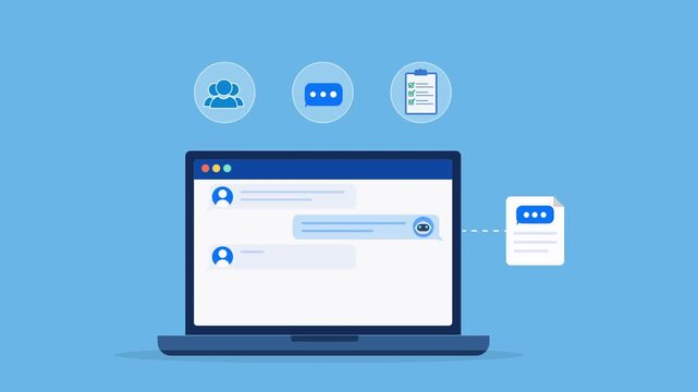 Animated flat vector dashboard on a laptop screen featuring cloud support, live messaging, and service management icons. Modern customer service and digital communication concept.