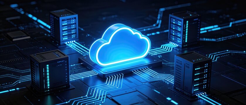 Secure cloud computing environment with connected servers and digital cloud infrastructure, modern technology concept for data storage and online networking