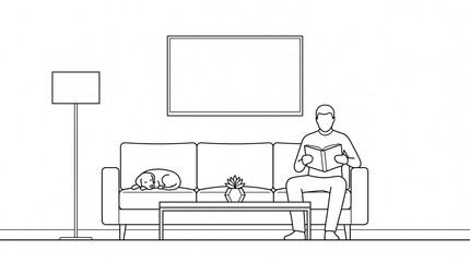 Obraz premium Man Reading Book on Sofa with Dog in Living Room Line Art Illustration