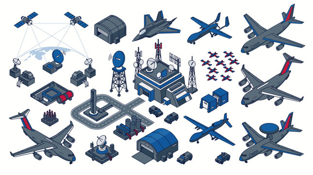 Isometric Aerospace Defense and Military Airbase Bundle with Fighter Jet, Drone, Satellite, Radar, and Command Center Assets