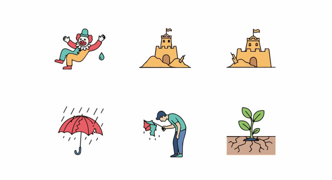 A colorful cartoon illustration of six scenes