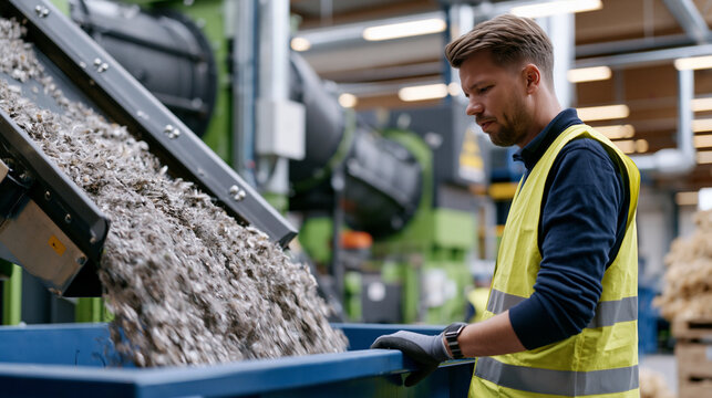 Composite wind blade mechanical recycling facility where industrial hammer mill operator oversees shredded fiber material discharging into container, recovered glass fiber mat samples collected for 