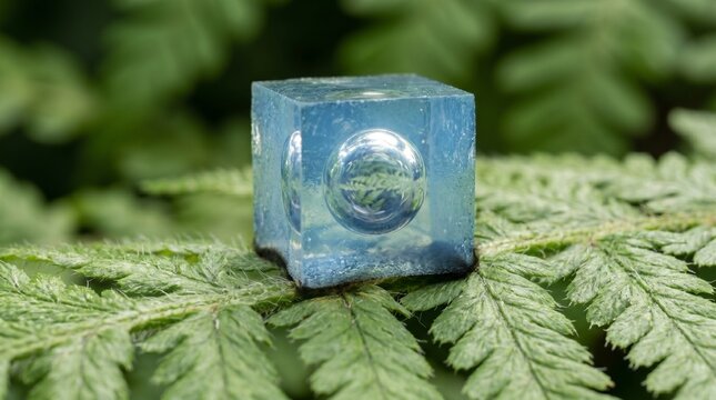 Cubo de aerogel transl&uacute;cido con gota encapsulada sobre hoja de helecho