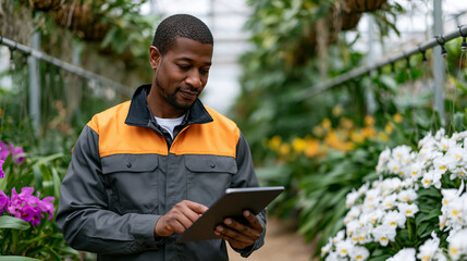 Fototapeta premium Head grower reviewing greenhouse climate control automation weekly energy report on tablet while walking humid tropical plant house aisle, hanging orchid baskets and drip irrigation lines framing pa