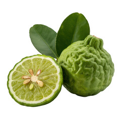 Obraz premium Whole and halved kaffir lime fruit with textured green skin and two fresh leaves isolated on a solid