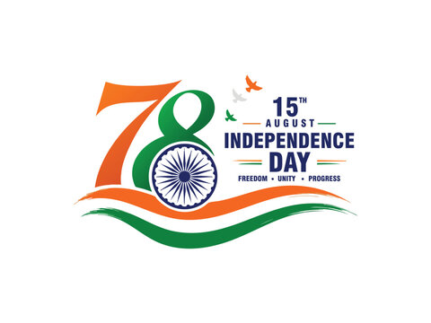 78th Independence Day of India 2026 logo set, tricolor number with Ashoka Chakra, flying birds, India Gate skyline, August 15th typography design