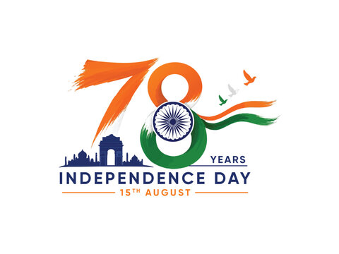 78th Independence Day of India 2026 logo set, tricolor number with Ashoka Chakra, flying birds, India Gate skyline, August 15th typography design