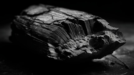 Naklejka premium Close-up of a Charred Black Wood Log with Deep Grain Patterns and Burned Surface Texture on a Dark Background