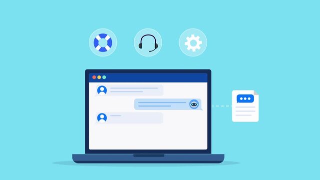 Animated flat vector dashboard on a laptop screen featuring customer support, service management, and workflow settings icons. Modern helpdesk and digital operations concept.