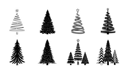 Fototapeta premium Christmas Tree Icon Set Collection with Minimalist Pine Trees, Holiday Decorations, Festive Forest Elements, and Winter Season Symbols