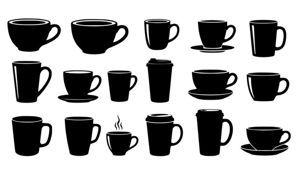 Coffee Cup and Mug Icon Collection Featuring Espresso Cups, Travel Tumblers, Hot Beverage Containers, and Cafe Drinkware Silhouettes