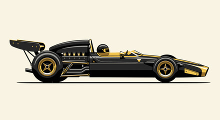 Naklejka premium Vintage black and gold formula one racing car vector illustration featuring a sleek retro open wheel design isolated on a plain off white background for sports