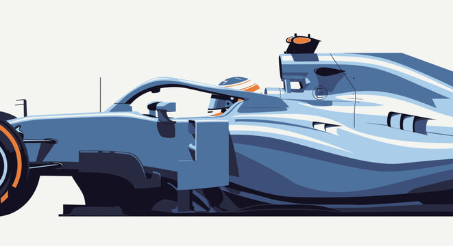 Sleek aerodynamic formula racing car in minimalist flat vector style featuring a modern blue monocoque design isolated against a clean neutral studio background