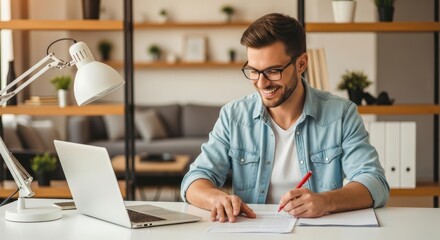 Fototapeta premium Successful Young Entrepreneur Working at Desk with Laptop and Documents in Bright Modern Interior