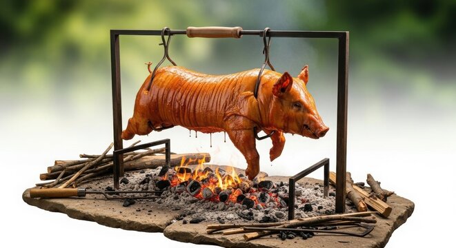 Whole roasted pig on a spit over a charcoal fire