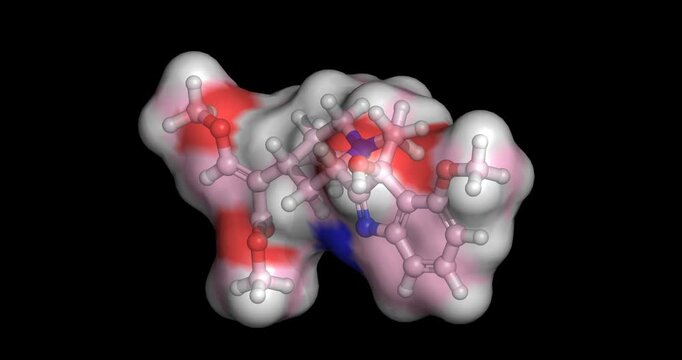 7-Hydroxymitragynine, (7-OH), opioid receptor drug and kratom alkaloid for pain management research, 3D molecule spinning 4K
