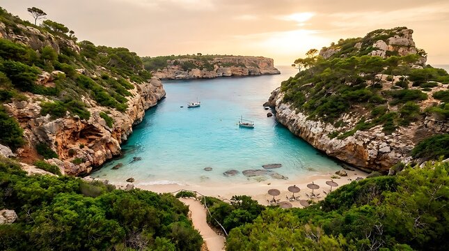 Breathtaking Mediterranean Cove with Turquoise Waters and Lush Greenery bathed in Golden Hour Sunlight