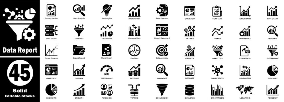 Solid data report icons set. Featuring business analysis, financial reporting insights, and strategic decision-making. Vector Illustration.