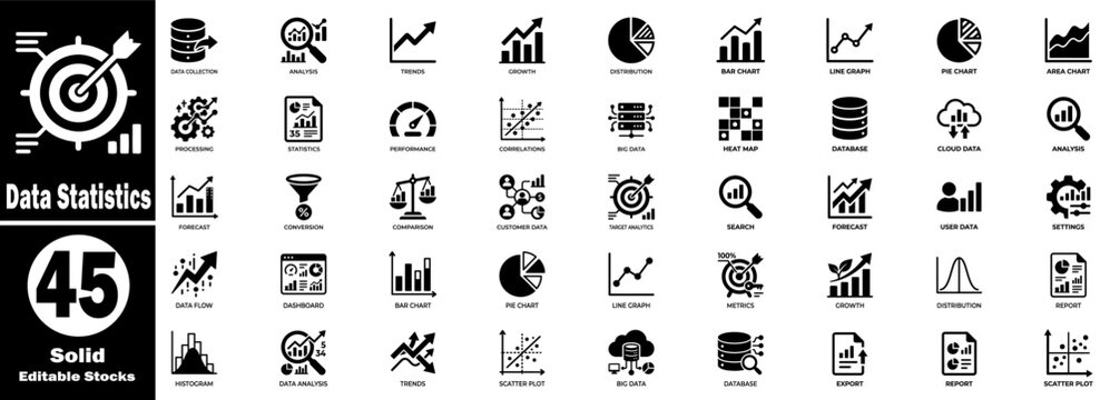 Data statistics line icons set for analysis, trends growth, and distribution of business and technology concepts. Vector Illustration.