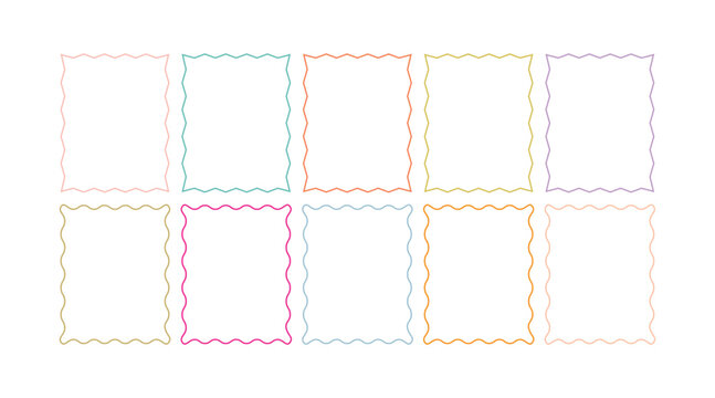Set of rectangle frames with wavy edges. Zigzag wavy edges, rectangles, photo frames, text boxes, tags, labels.  Geometric zigzag wavy edge stickers, frames, shapes. vector illustration. 