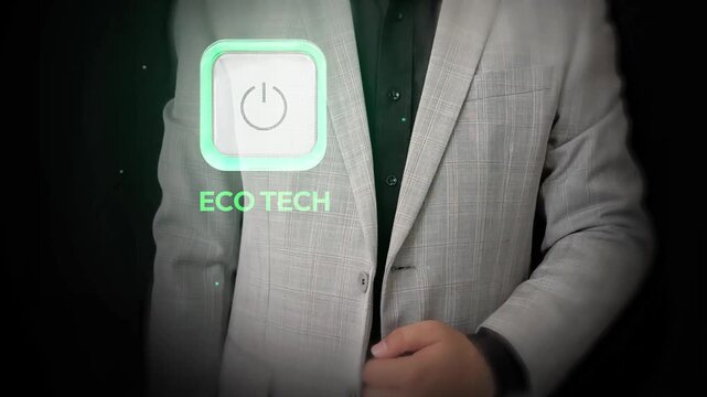 Eco tech concept featuring power button symbol on suit for sustainable business solutions, 4k animation video