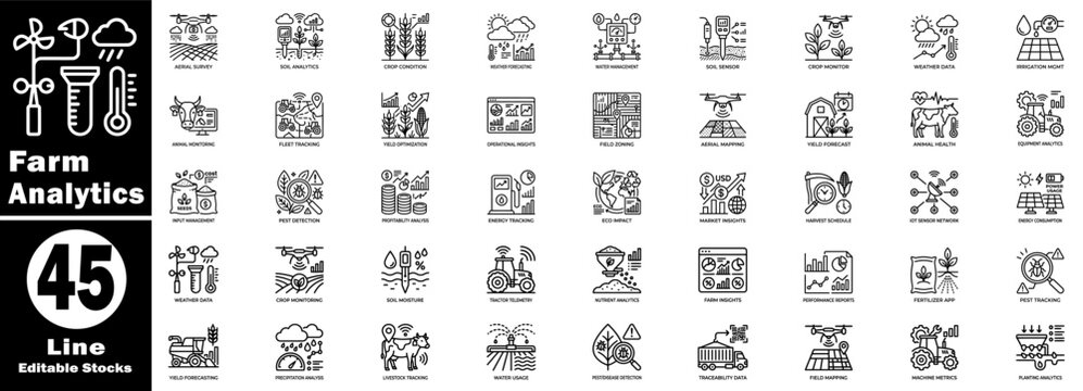 Farm Analytics icon set. Comprehensive collection of farm analytics icons depicting agricultural tech and precision monitoring tools. Vector Illustration.