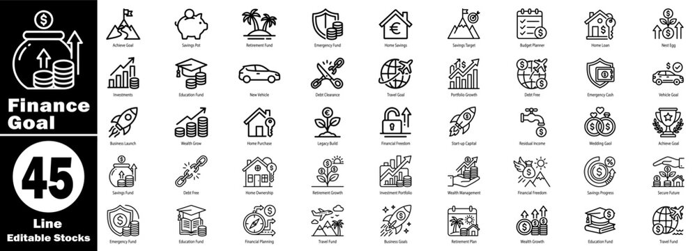 Finance goal line editable stocks icons set. Collection of money-related symbols in outline style on a transparent background. Vector Illustration.