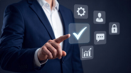 Obraz premium Digital transformation and business success using verified quality and smart solutions with innovation technology, security management, efficient process; businessman touching screen selecting icon.