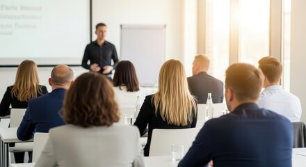 Obraz premium Group of Business People Listening to a Presentation During a Corporate Training Workshop in a Sunny Office