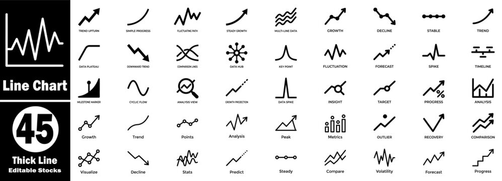 Abstract line chart icons pack. Showing various data trends, growth indicators, financial patterns, and market analysis symbols. Vector Illustration.