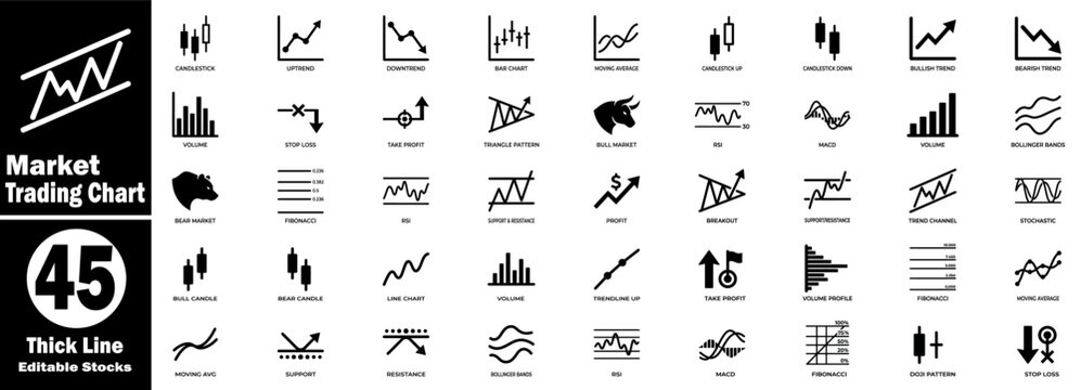 Market trading chart, thick line editable stocks, modern flat icon designs, vector illustration, set of 45 icons for web and mobile element design. 