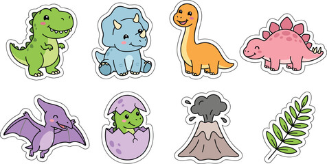 Cute Baby Dinosaur Sticker Vector Icon Set Featuring Cartoon Tyrannosaurus Rex, Triceratops, Stegosaurus, Hatching Egg, and Volcano for Kids Stationery Graphic Designs © Ismail