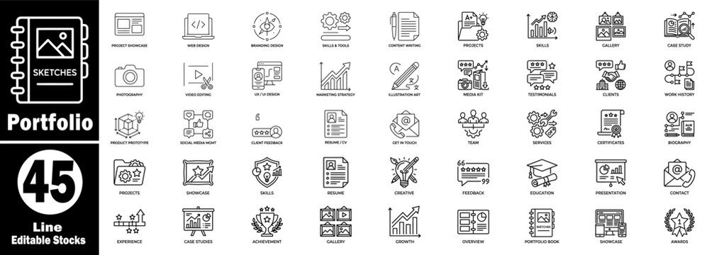 Portfolio sketches icons for creative projects, web design, and artistic endeavors in editable line style. Vector Illustration.