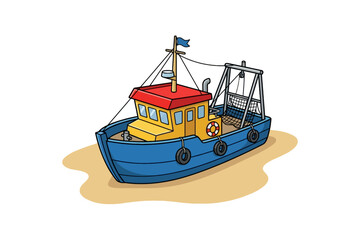 Blue fishing boat cartoon illustration on sand © Angela