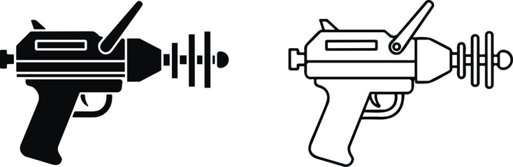 Sci-fi ray gun silhouettes with futuristic laser weapon designs, fantasy technology vector art, black graphic science fiction artwork elements © MSTMISLA
