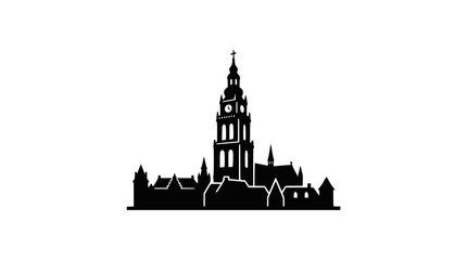 Obraz premium Black Silhouette of a Historic European Cityscape with a Tall Tower