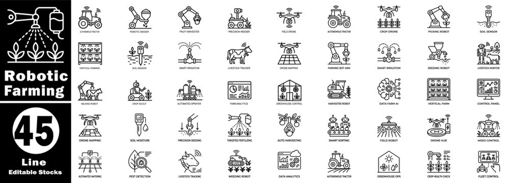 Robotic farming outline icons. Featuring automated agriculture technology, smart irrigation drone monitoring, and precision seeding tools. Vector Illustration.