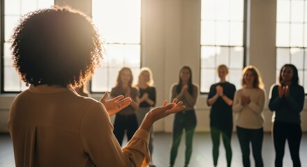 Fototapeta premium Confident African American Woman Leading Motivational Seminar for Diverse Group of Women in Sunlit Studio