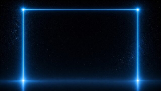 Blue neon rectangular light frame against a starry cosmic background with glowing particles