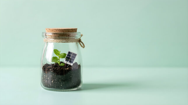 A small green plant and a miniature solar panel coexist inside a glass jar, symbolizing sustainable energy, environmental growth, and the promise of a renewable future